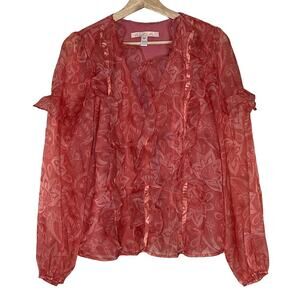 HUTCH Chiffon Ruffle Top Blouse V-Neck‎ Long Sleeve Red  Size M NWOT